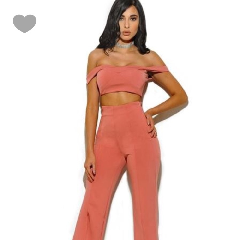 Salmon Pink off the shoulder two piece pant suit.